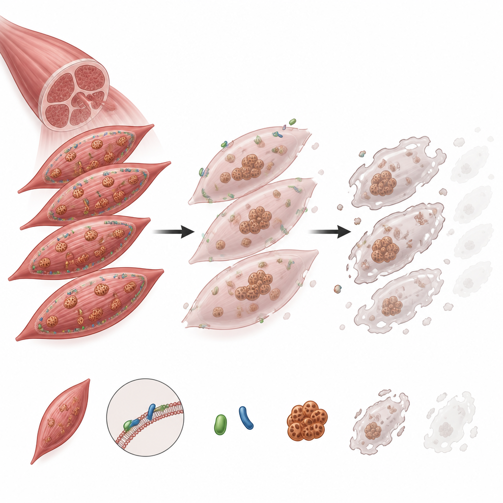 Figure 1. Come la mancanza di proteine di supporto indebolisce le cellule muscolari e aggrava la distrofia muscolare di Duchenne.