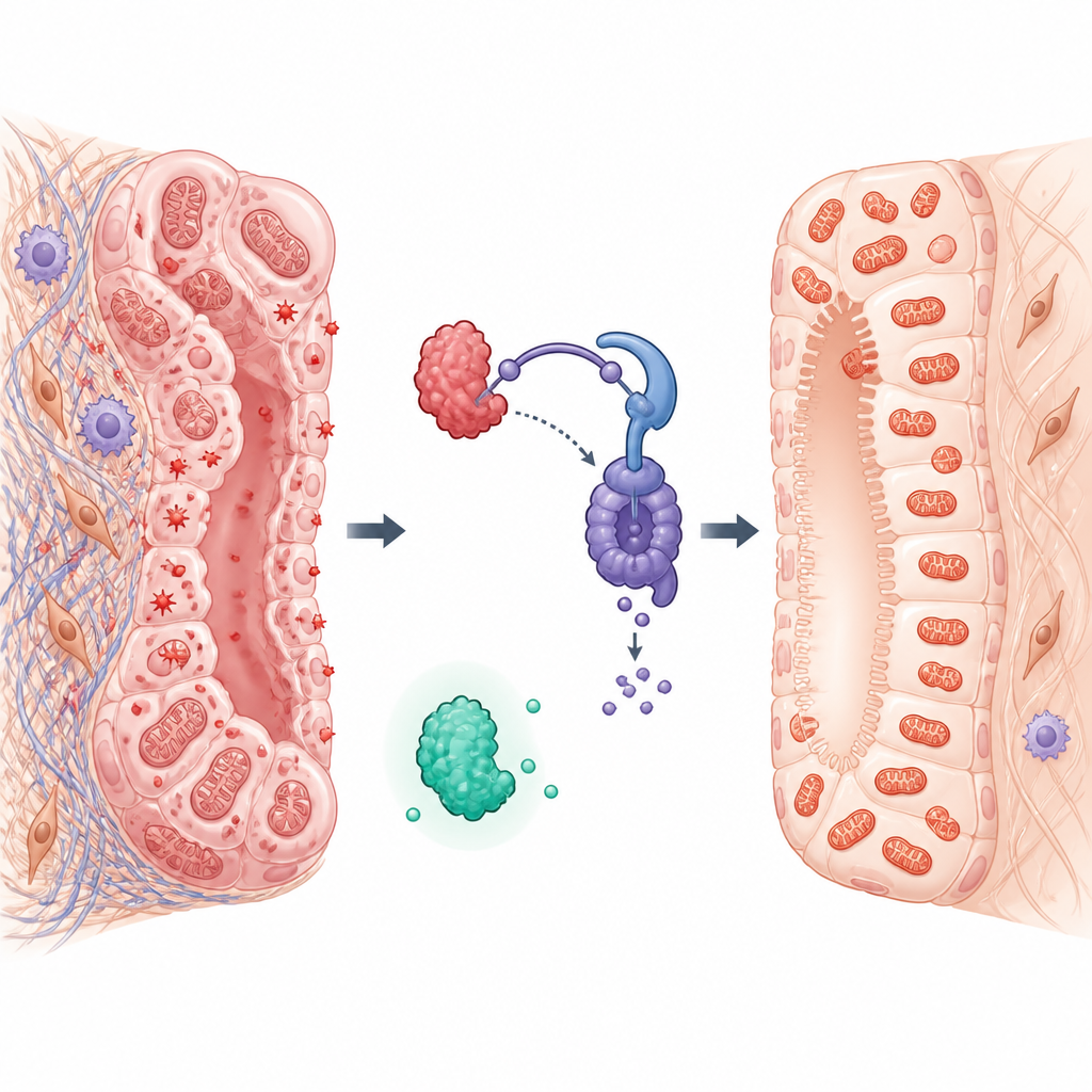 Figure 2. How redirecting cell cleanup clears a harmful signal, protects energy factories, and calms inflammation in kidney cells.
