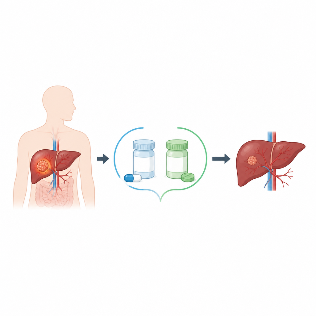 Figure 1. How a helper protein in liver tumors weakens a mainstay drug and how a second medicine may restore its power.