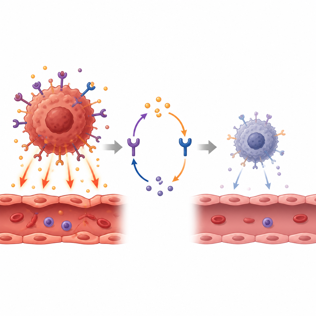 Figure 2. Inside a liver tumor, a looping signal keeps blood vessels and growth going until a second drug cuts the loop and shrinks the cancer.
