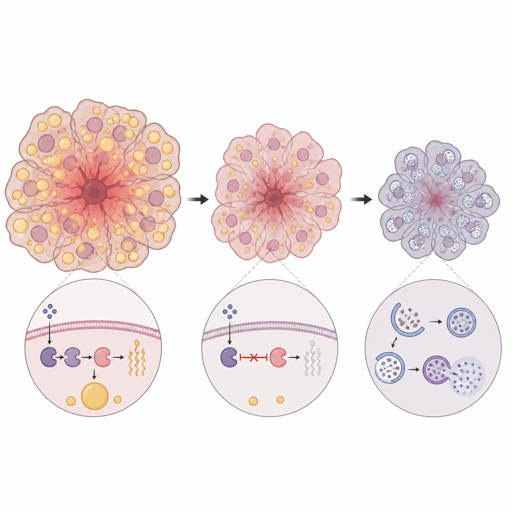 Figure 2. Blocking fat making enzymes in tumors weakens growth signals and boosts self recycling, shrinking the cancer mass.