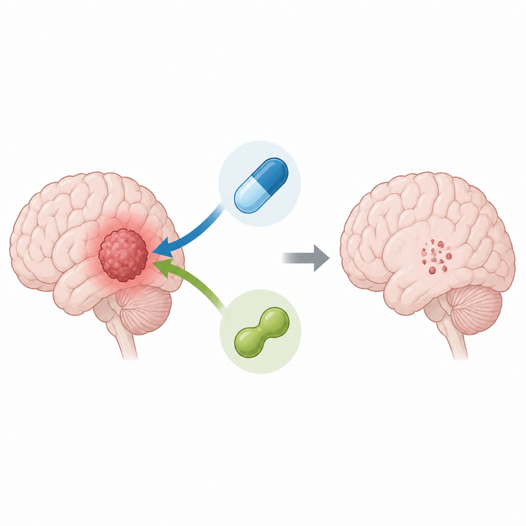 Figure 1. Two-part therapy weakens brain tumor defenses so chemotherapy can shrink glioblastoma more effectively.