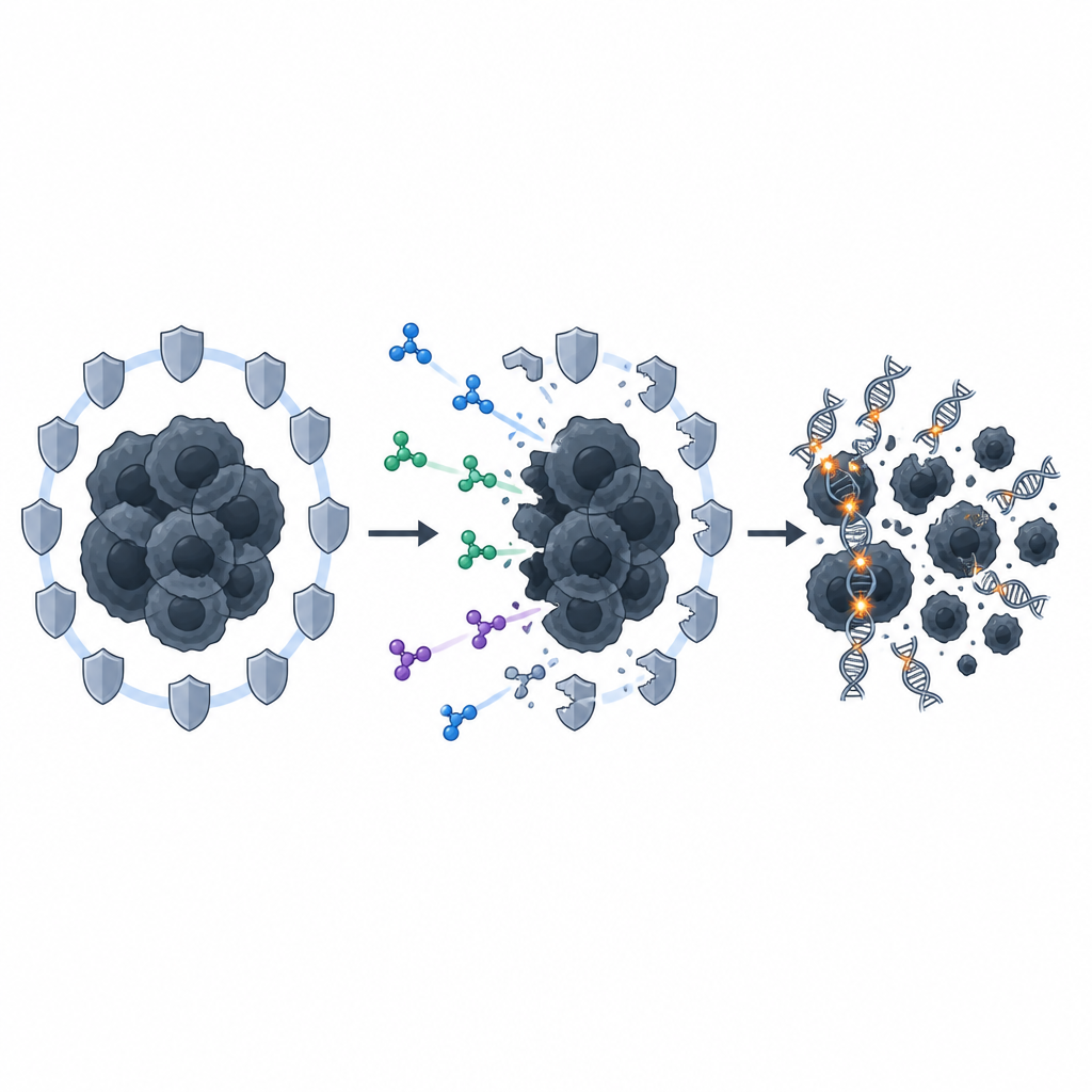 Figure 2. Blocking a repair helper makes tumor DNA damage build up so glioblastoma cells die instead of recovering after treatment.