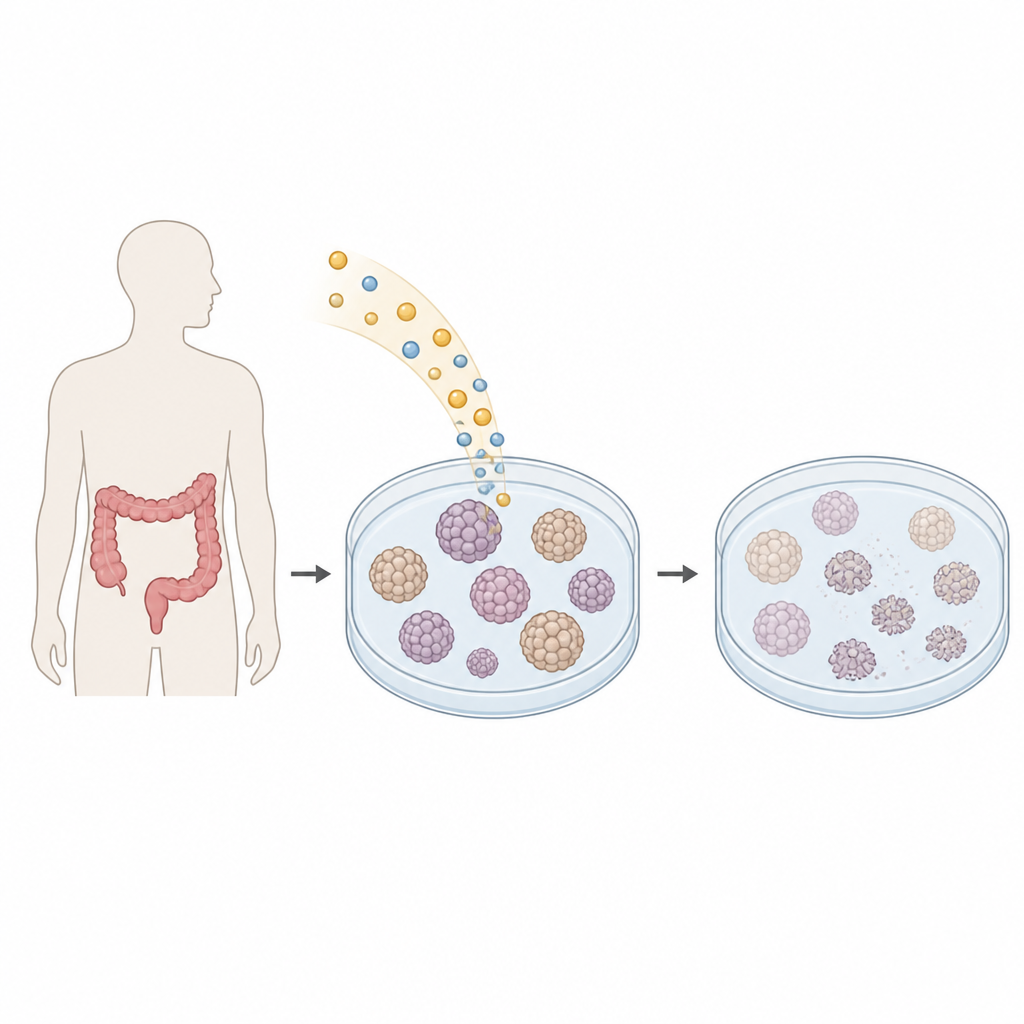 Figure 1. Come un grasso dell'olio di pesce può indebolire mini-tumori del colon derivati da pazienti in laboratorio.