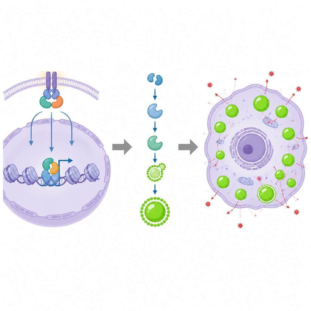 Figure 2. タンパク質連鎖ががん細胞内で脂滴を増やし、鉄依存の細胞死を阻む仕組み。