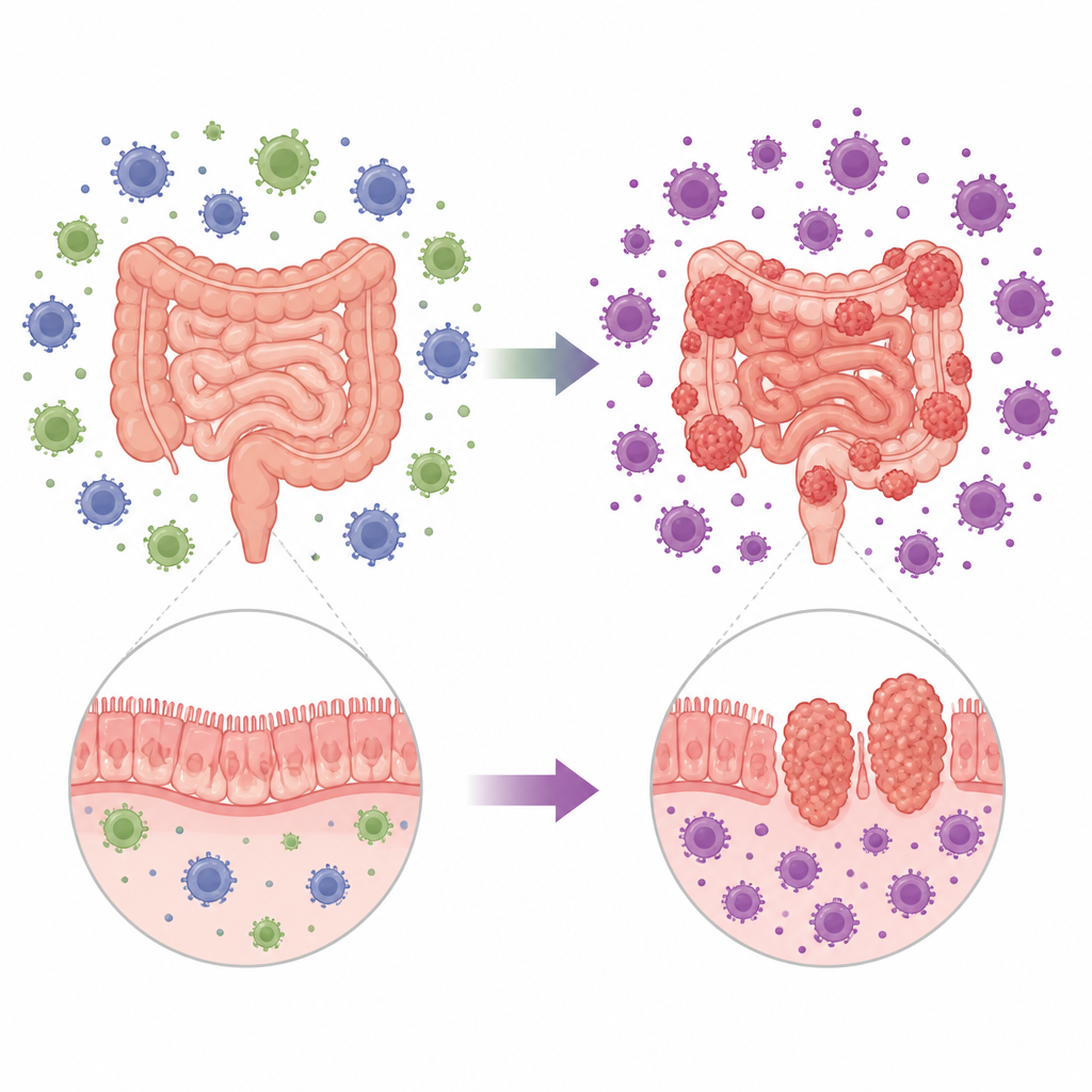 Figure 1. How changing gut immune cell behavior can turn small intestinal growths into aggressive cancers