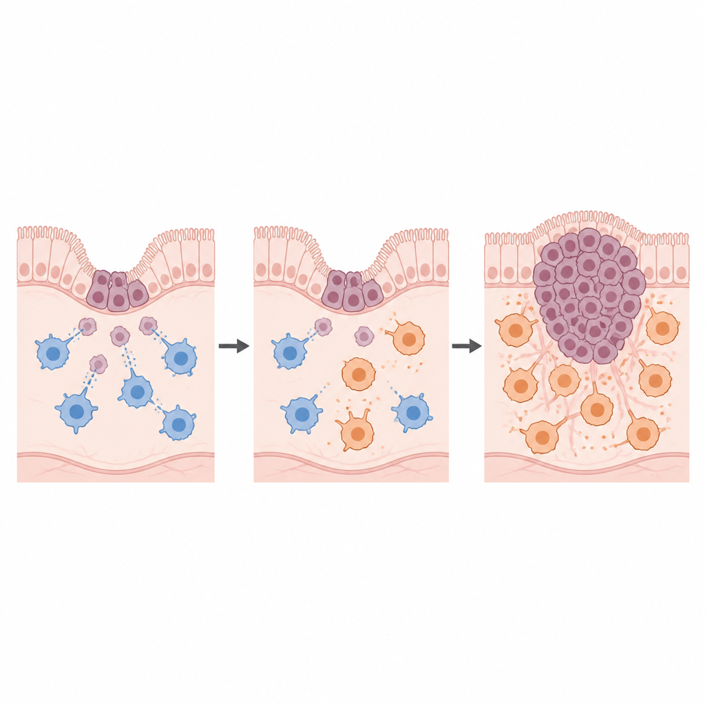 Figure 2. Step-by-step shift of gut immune cells from attacking abnormal cells to supporting tumor growth