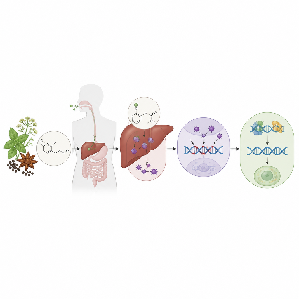 Figure 1. Come una molecola aromatica vegetale viene processata nel fegato in danno al DNA e come viene poi gestita dalle difese di riparazione della cellula.