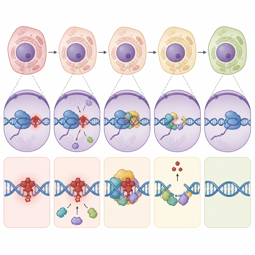 Figure 2. Visione passo dopo passo delle lesioni del DNA che bloccano la lettura dei geni e vengono rimosse dalle proteine di riparazione affinché la cellula possa riprendersi.