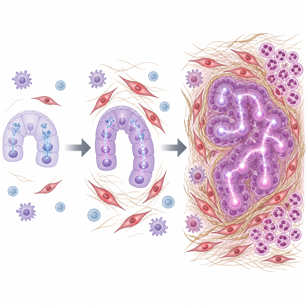 Figure 2. Wie das Ausschalten eines Kontrollsignals in Pankreaszellen Wachstumswege, Fibrose und Einstrom von Immunzellen verstärkt und so Krebs beschleunigt.