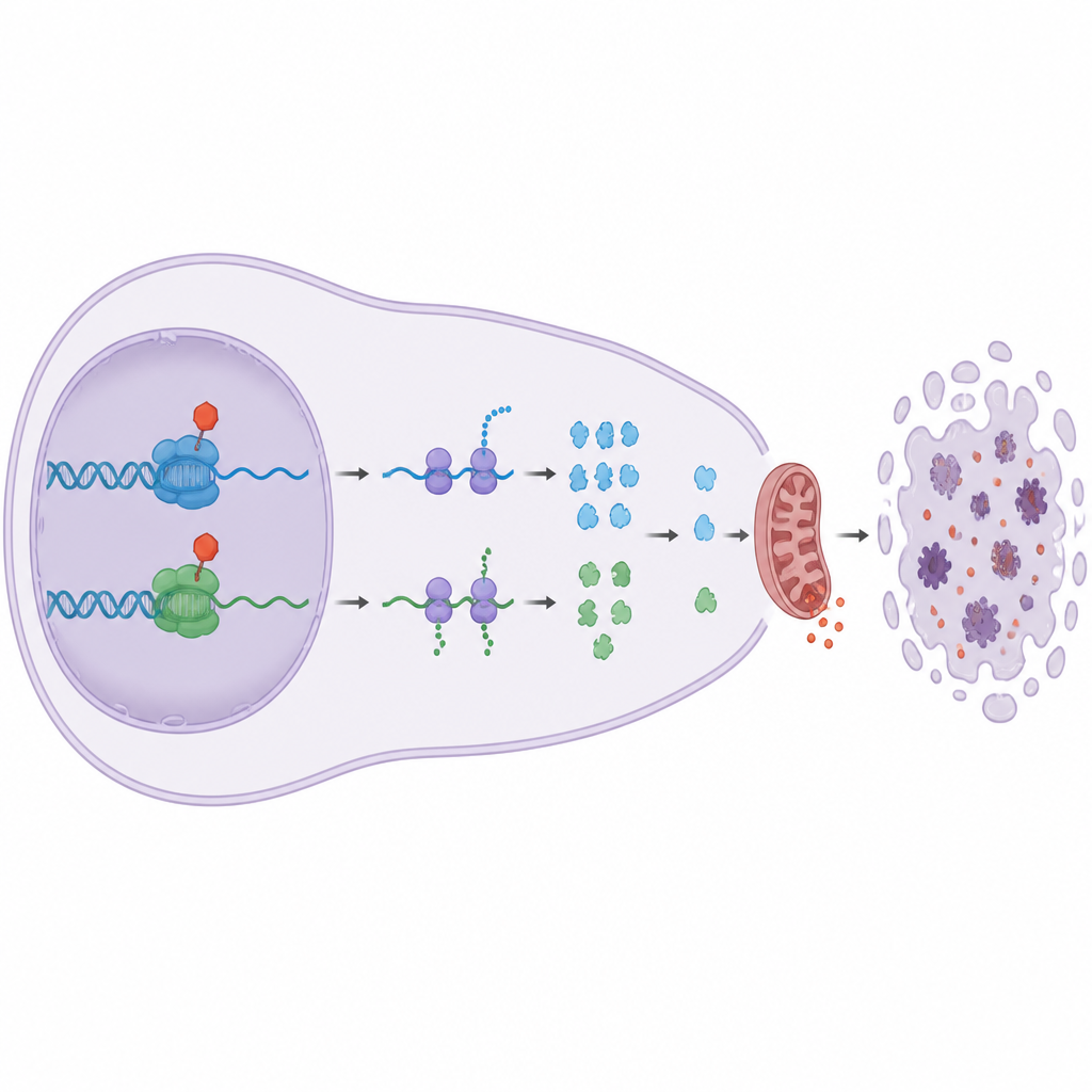 Figure 2. İki bloke edilmiş transkripsiyon makinesi, hızla bozulan güvenlik proteinlerinin üretimini durdurur ve mitokondrilerin kanser hücresi ölümünü başlatmasına izin verir.