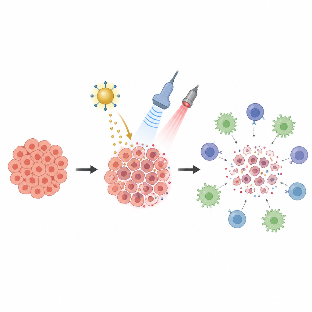 Figure 2. How smart particles and energy triggers make cancer cells burst and alert the immune system
