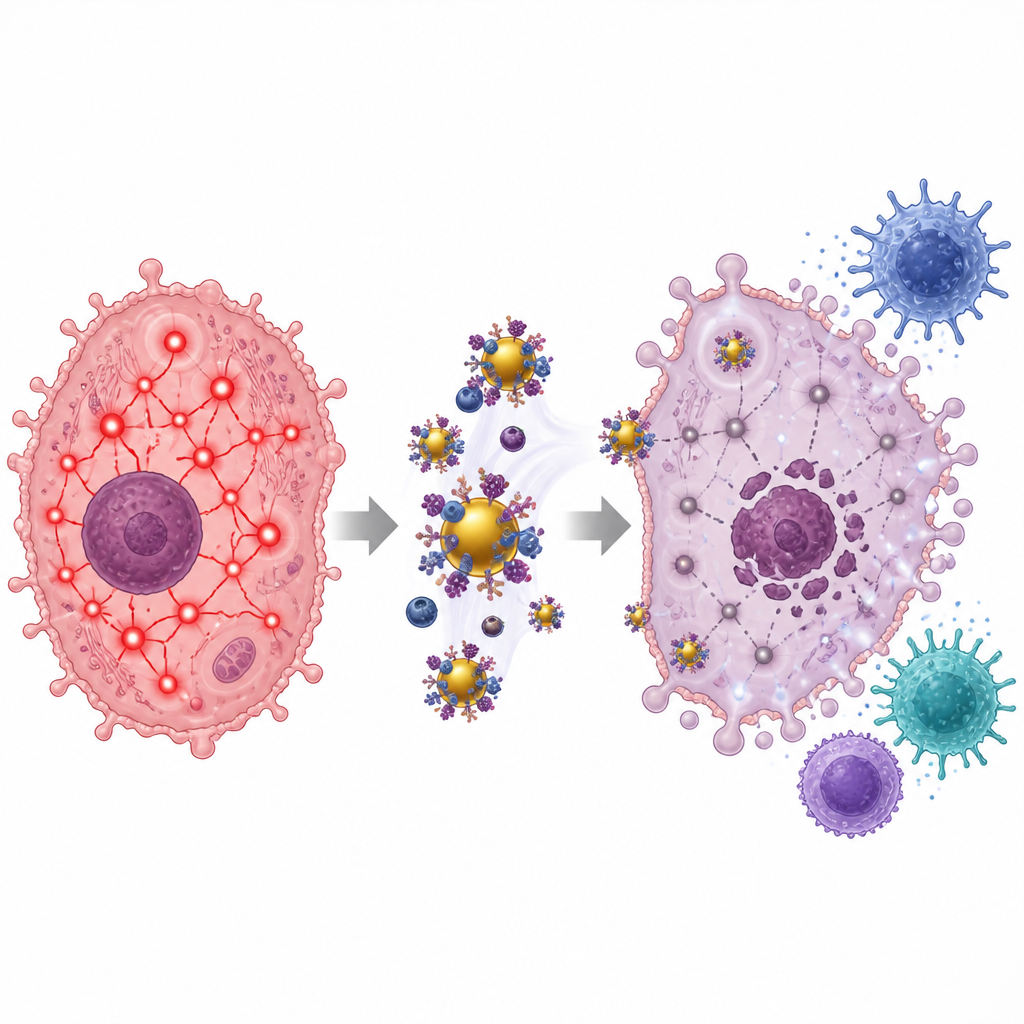 Figure 2. Berry-coated gold nanoparticles entering a cancer cell and switching off inner survival pathways to trigger tidy cell death.