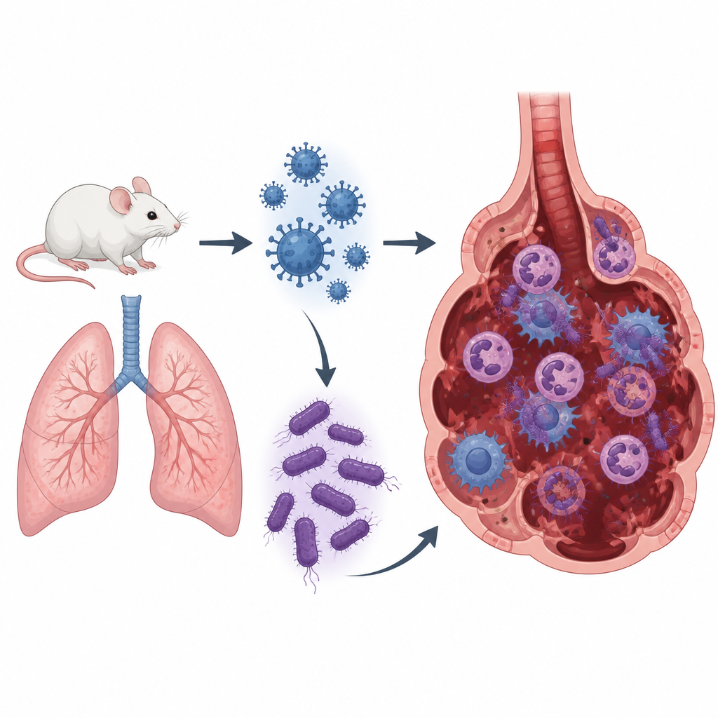 Figure 1. Hoe een milde griep samen met resistente bacteriën ernstig, levensbedreigend longontsteking in de longen kan veroorzaken.