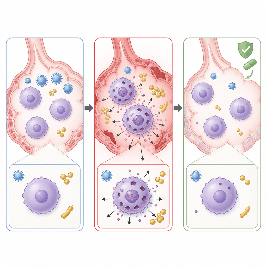Figure 2. Hoe het blokkeren van pore-vormende celdood in longimmuuncellen ontsteking en schade tijdens co-infectie kan verminderen.