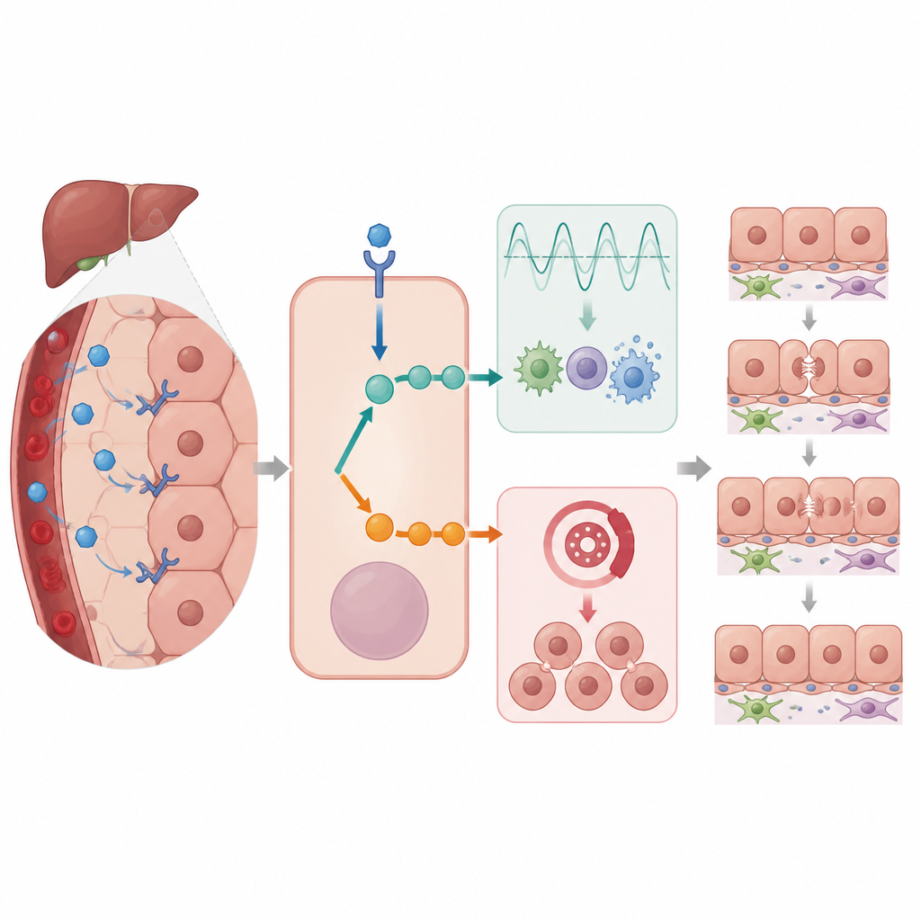 Figure 2. Gli ormoni rimodellano i circuiti di controllo delle cellule epatiche per calmare l’infiammazione mentre una proteina freno della crescita rallenta la divisione cellulare.