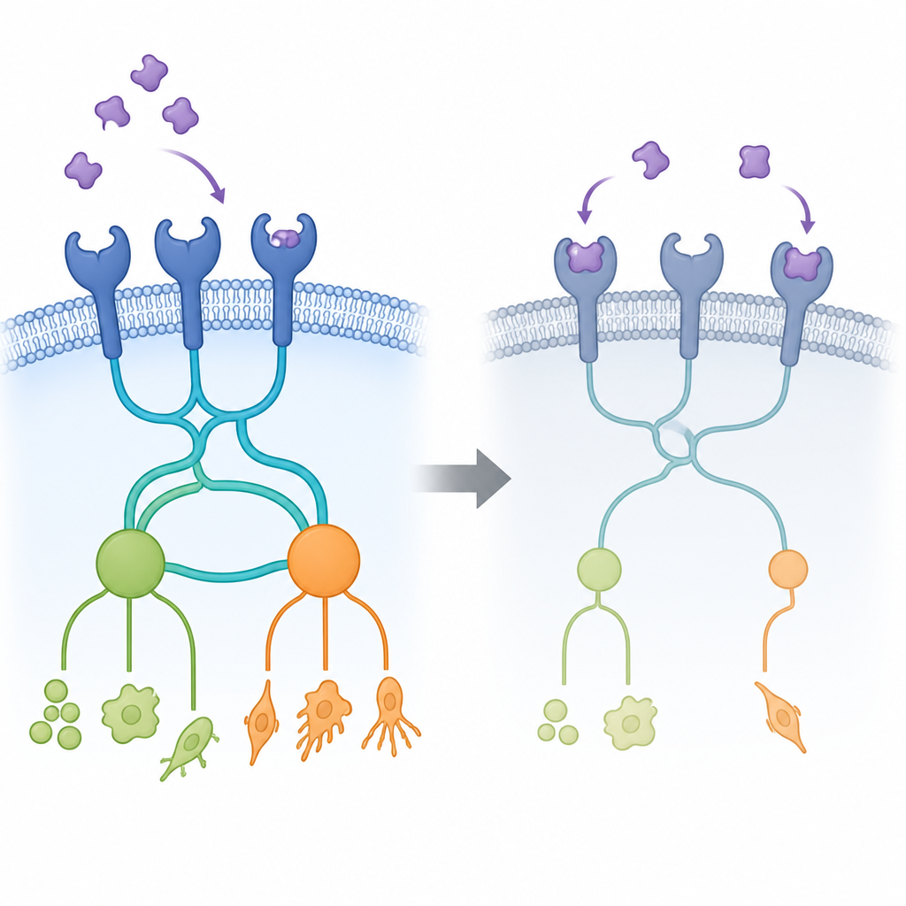 Figure 2. A targeted molecule binds surface switches on cancer cells, dimming internal signals that drive growth and movement.