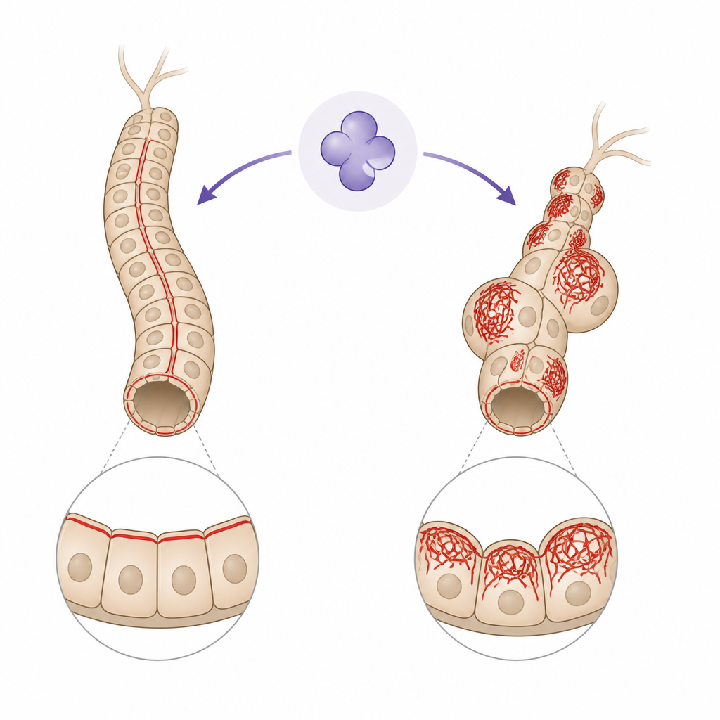 Figure 1. كيف يحافظ إنزيم الموت على شكل أنابيب شبيهة بالكلى لدى ذبابة الفاكهة من خلال موازنة الهياكل الداخلية للخلايا.