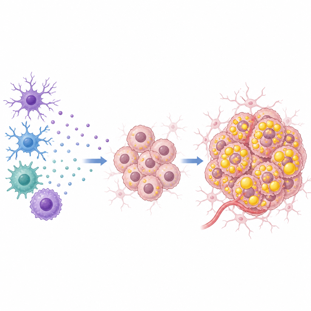 Figure 1. Immune signals in the brain quietly help glioblastoma cells grow by boosting their internal fat storage.