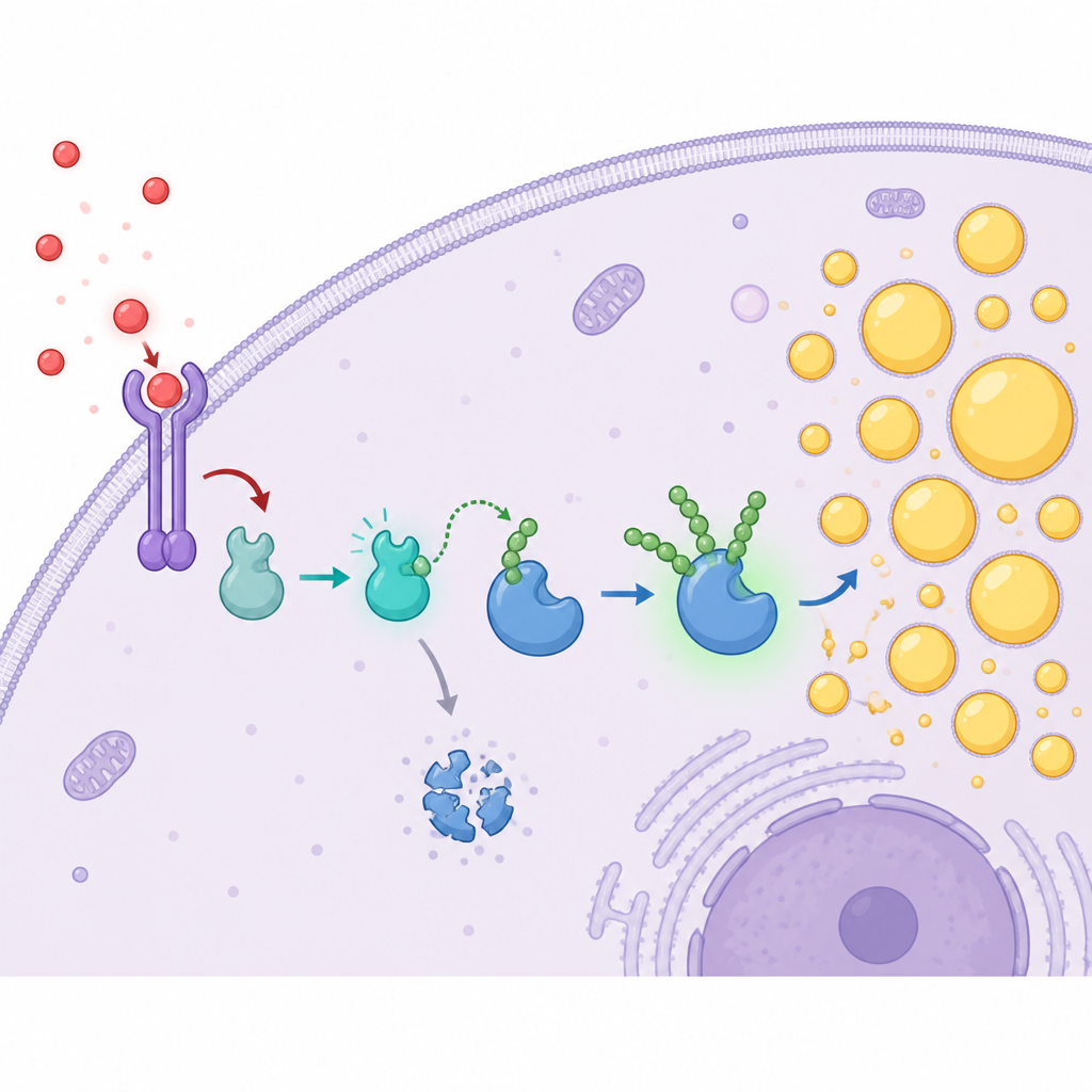 Figure 2. An inflammatory signal protects a fat-making enzyme from breakdown, increasing lipid droplets inside a brain tumor cell.