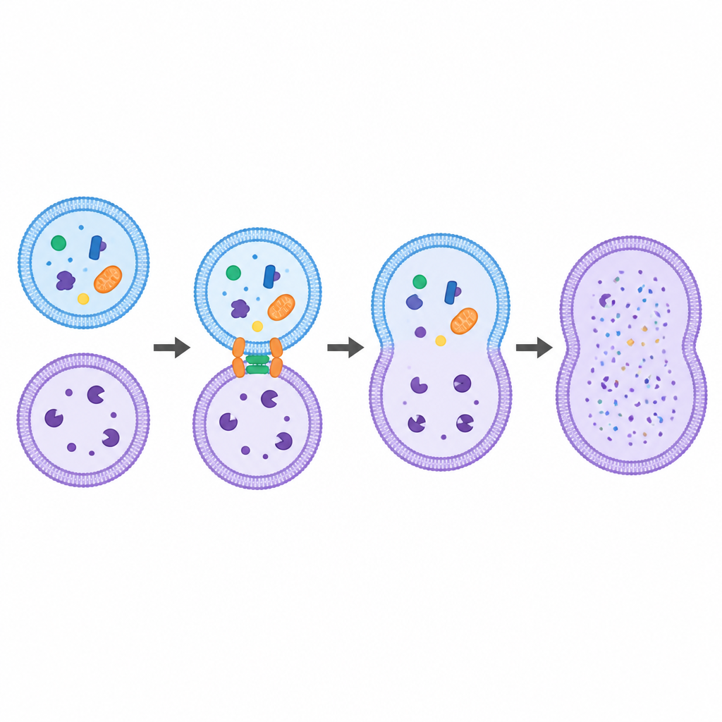 Figure 2. Yardımcı bir proteinin geri dönüşüm veziküllerinin sindirici veziküllerle kademeli kaynaşmasını yönlendirerek içeriklerinin parçalanmasını nasıl sağladığı.