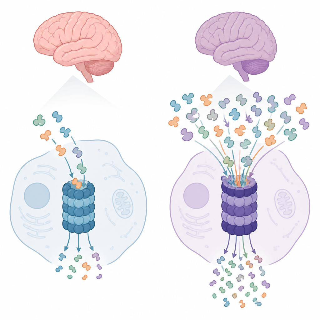 Figure 1. Cómo la limpieza defectuosa de proteínas en las células puede contribuir a problemas del desarrollo cerebral en la infancia.
