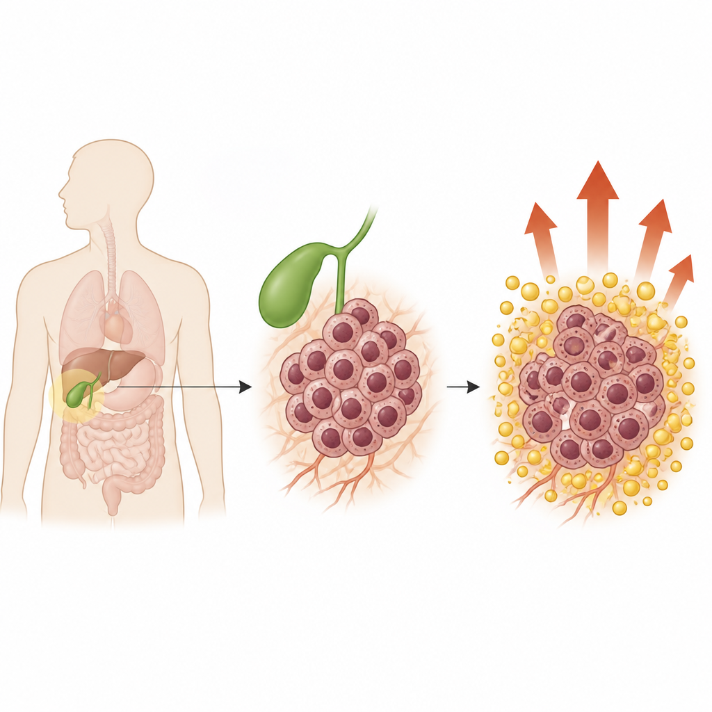 Figure 1. Wie ein einzelner zellulärer Regulator Gallenblasentumoren dabei hilft, Cholesterin zu hamstern und im Körper schneller zu wachsen.