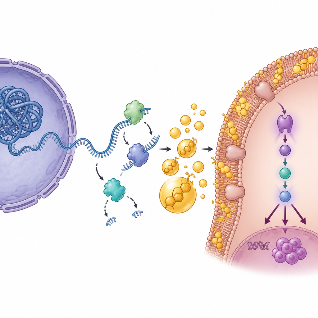 Figure 2. Wie veränderte RNA in Gallenblasenkrebszellen schrittweise zusätzliches Cholesterin und stärkere Wachstumssignale antreibt.
