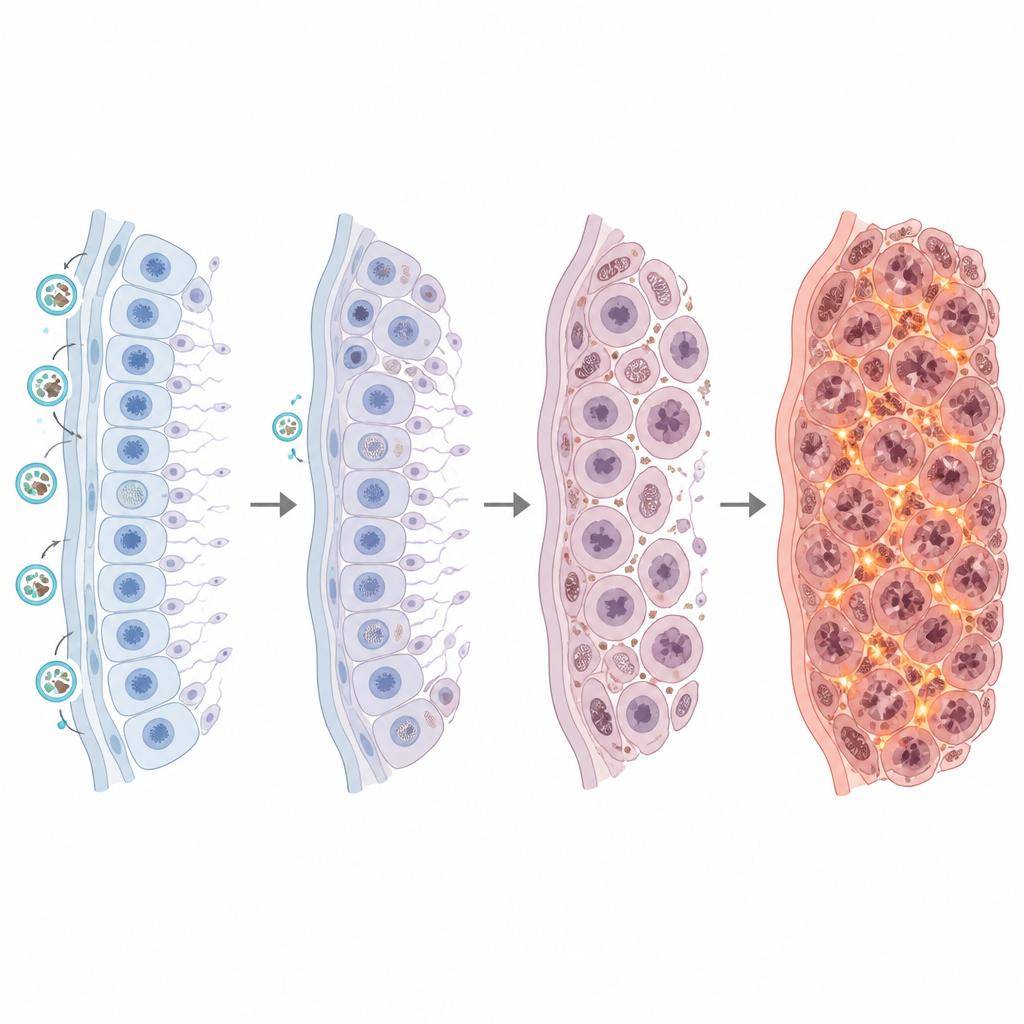 Figure 2. Il blocco del riciclo nelle cellule del testicolo provoca accumulo di rifiuti, rotture del DNA e una progressiva trasformazione verso tessuto di tipo tumorale.