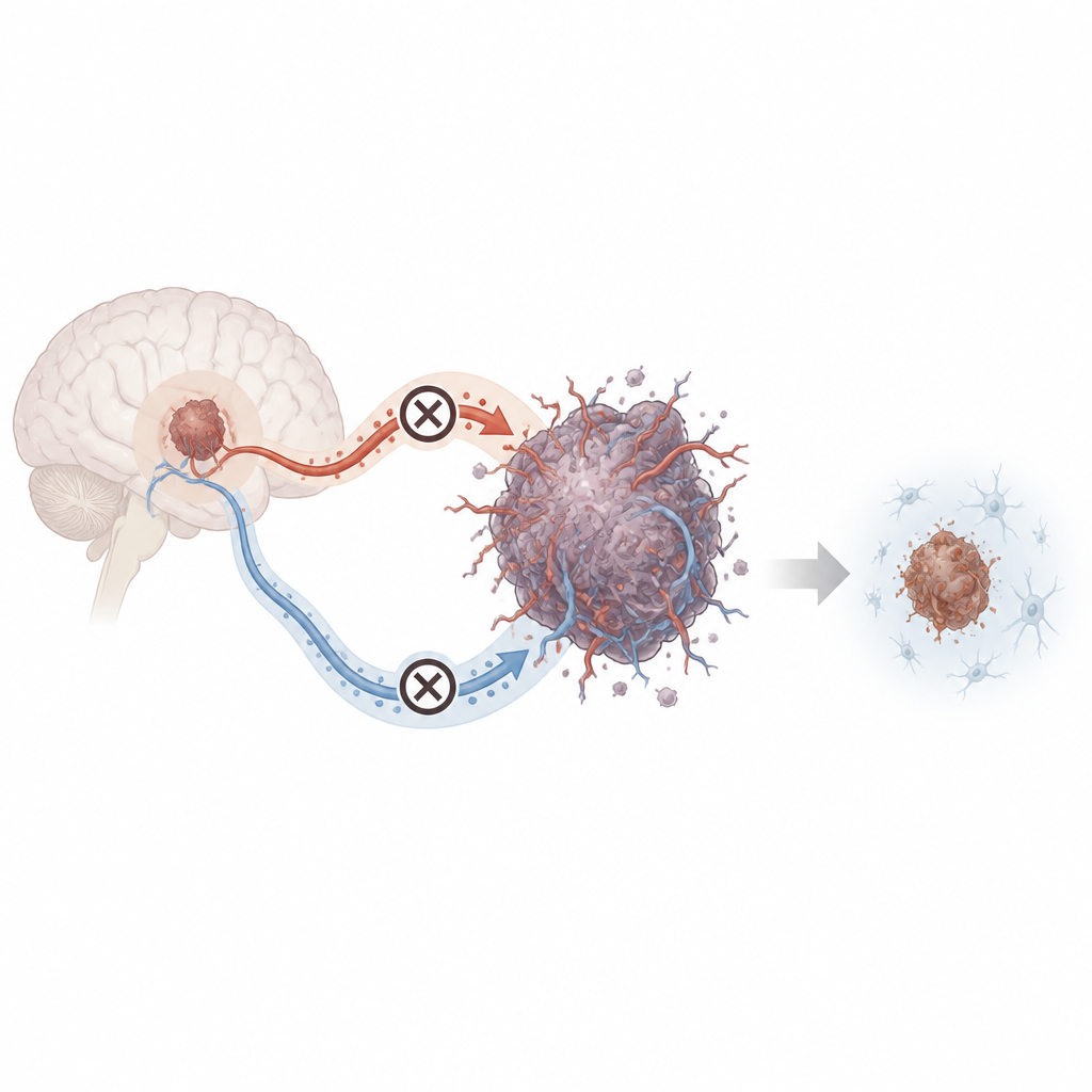Figure 1. Blocking two protective pathways starves brain tumor cells of shield molecules so oxidative damage can shrink the tumor.