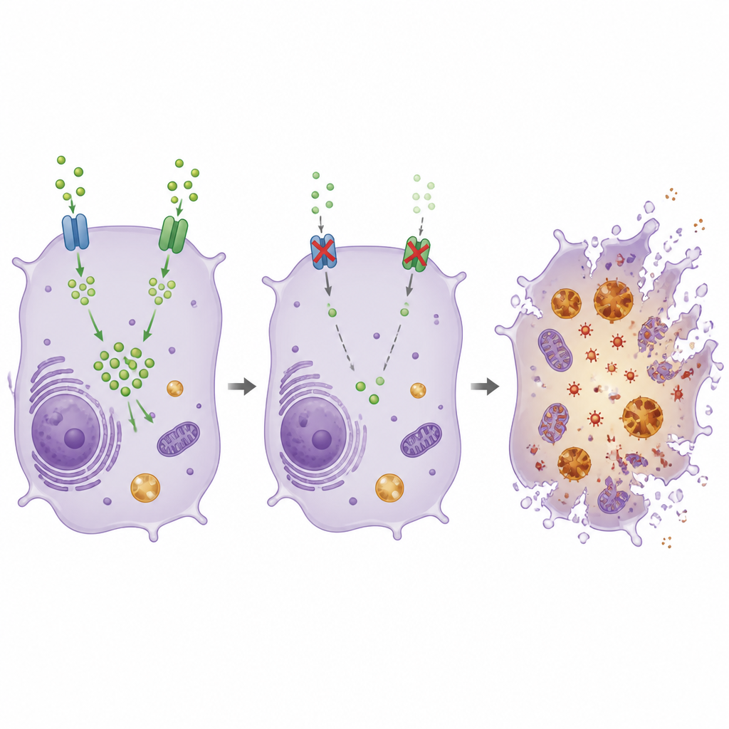 Figure 2. Inside a tumor cell, cutting off both cysteine supplies empties antioxidants, letting iron-driven oxidation rupture the cell.
