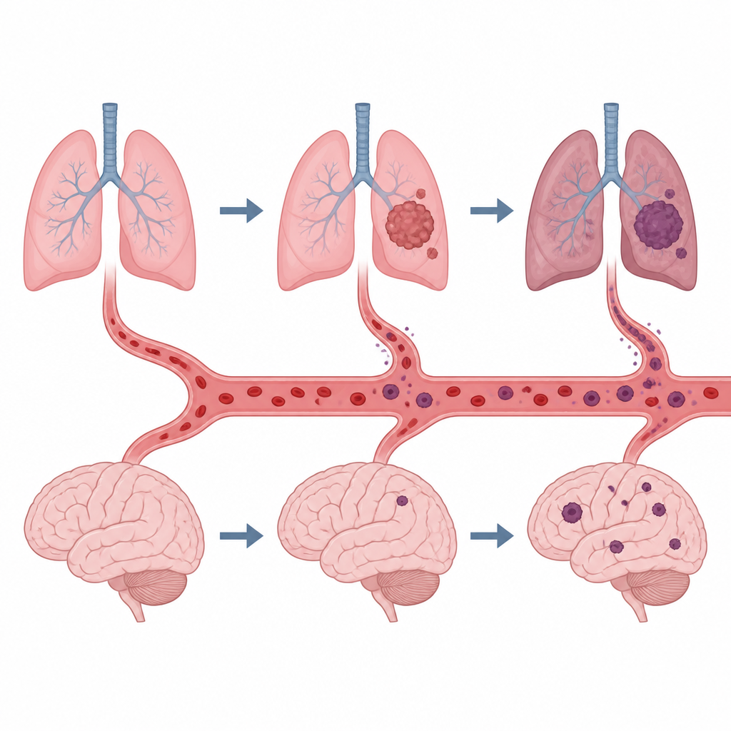 Figure 1. How lung cancer in the chest can quietly spread to the brain and be tracked using a simple blood based protein test.