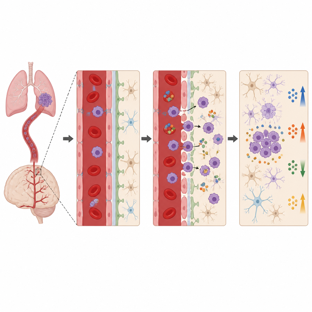 Figure 2. Step by step view of cancer cells and proteins crossing from blood into the brain as signals of emerging metastasis.