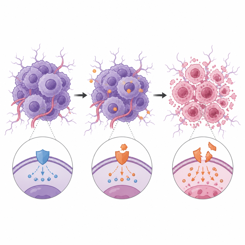 Figure 2. Blocking a protective protein to release cell death signals so chemotherapy can finally kill resistant brain tumor cells.