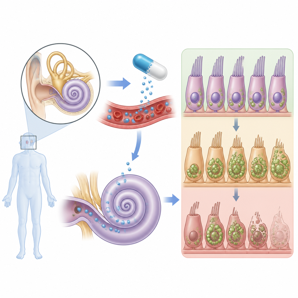 Figure 1. Cómo un antibiótico potente puede alterar el equilibrio de grasas del oído interno y provocar pérdida auditiva duradera.