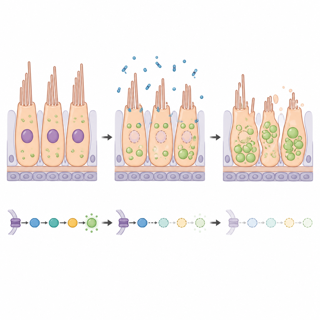 Figure 2. Dentro de las células del oído, desactivar un interruptor proteico permite que se acumulen gotas de grasa y empuja a las células hacia la muerte.