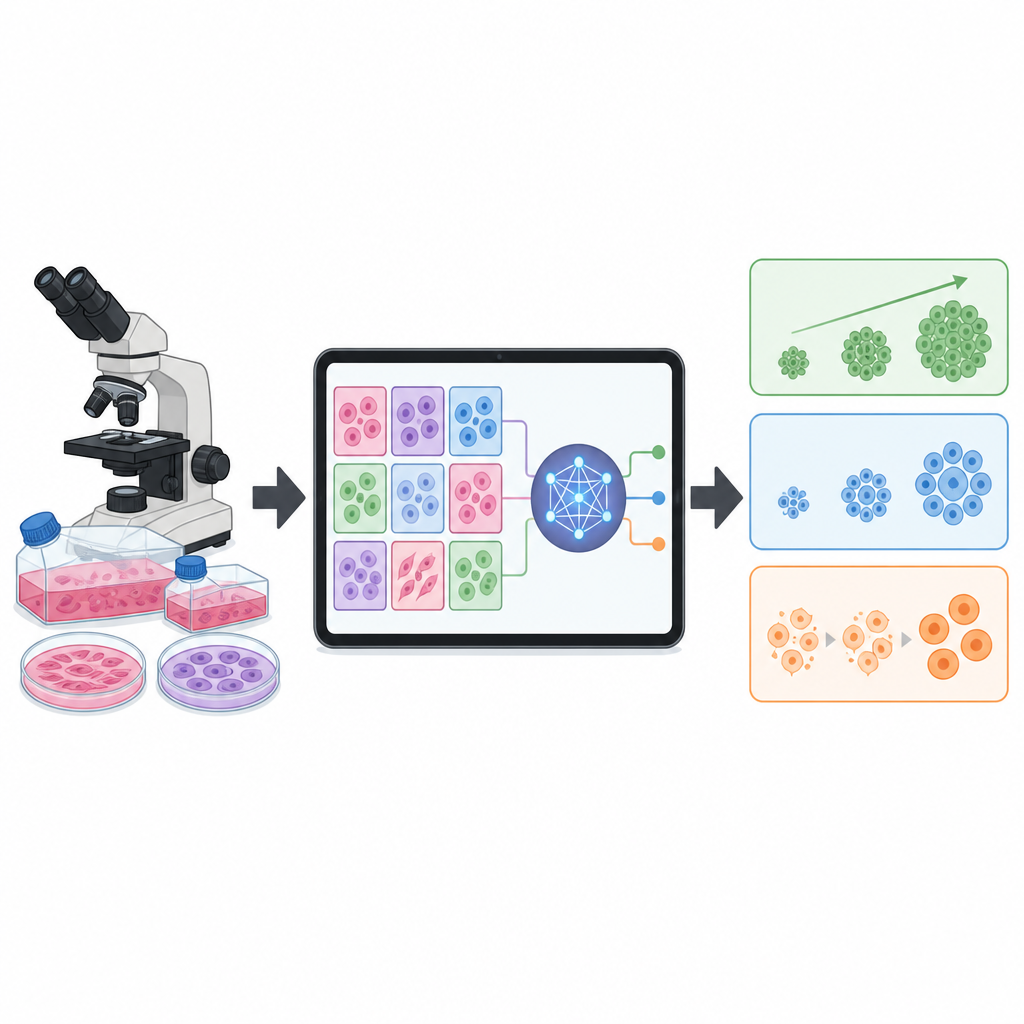 Figure 1. L’IA osserva la crescita delle colture cellulari da immagini per tracciare copertura, numero e stato di salute senza coloranti aggiuntivi o macchine complesse