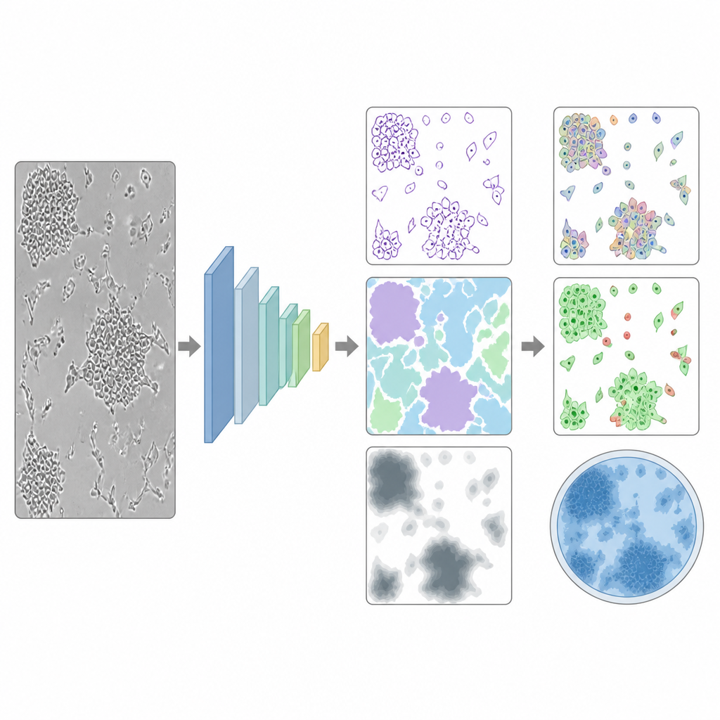 Figure 2. Come un modello di IA trasforma immagini raw al microscopio in mappe dettagliate di crescita, conteggi e cellule vive rispetto a morte