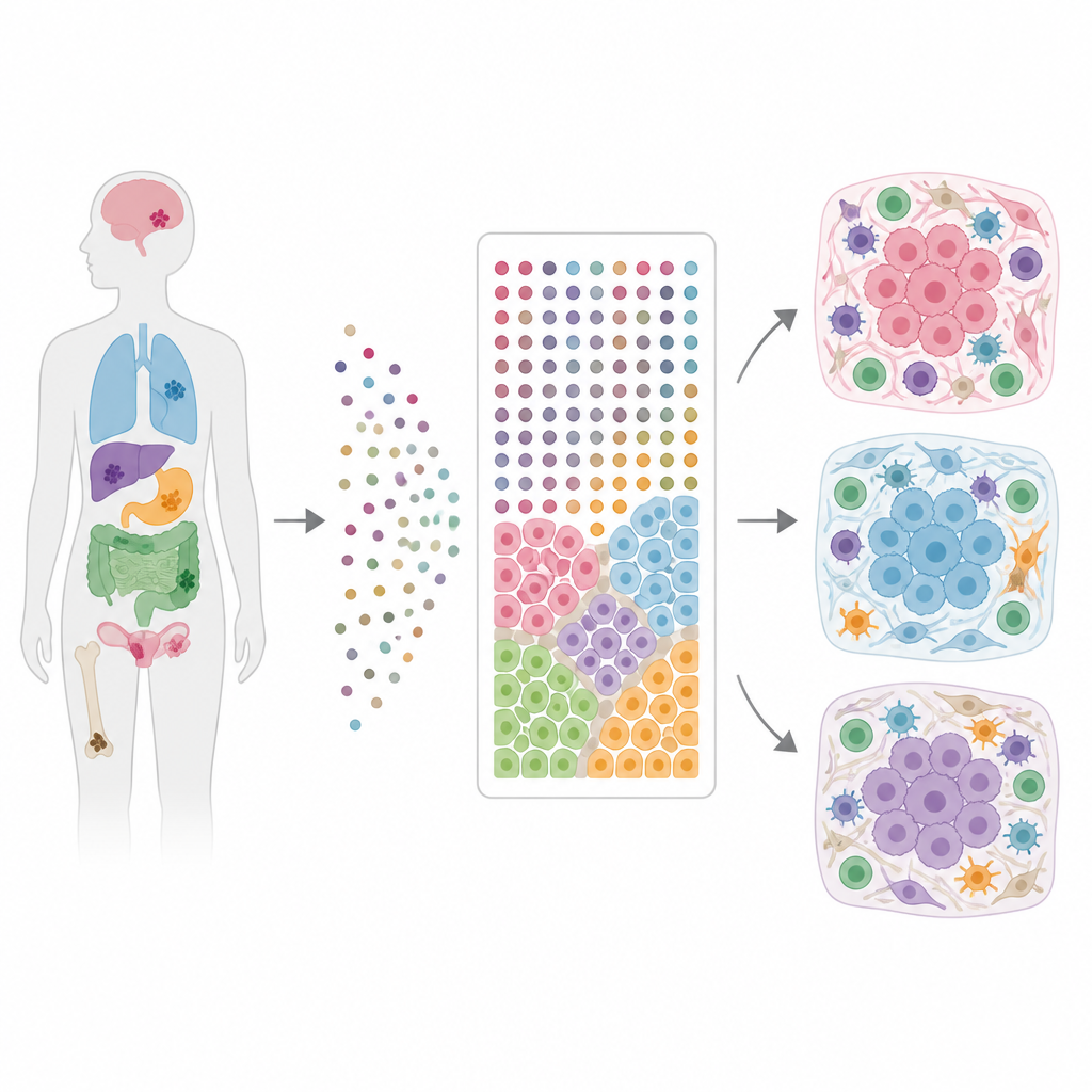 Figure 1. How supportive immune cells and neighbors shape cancer growth across many organs
