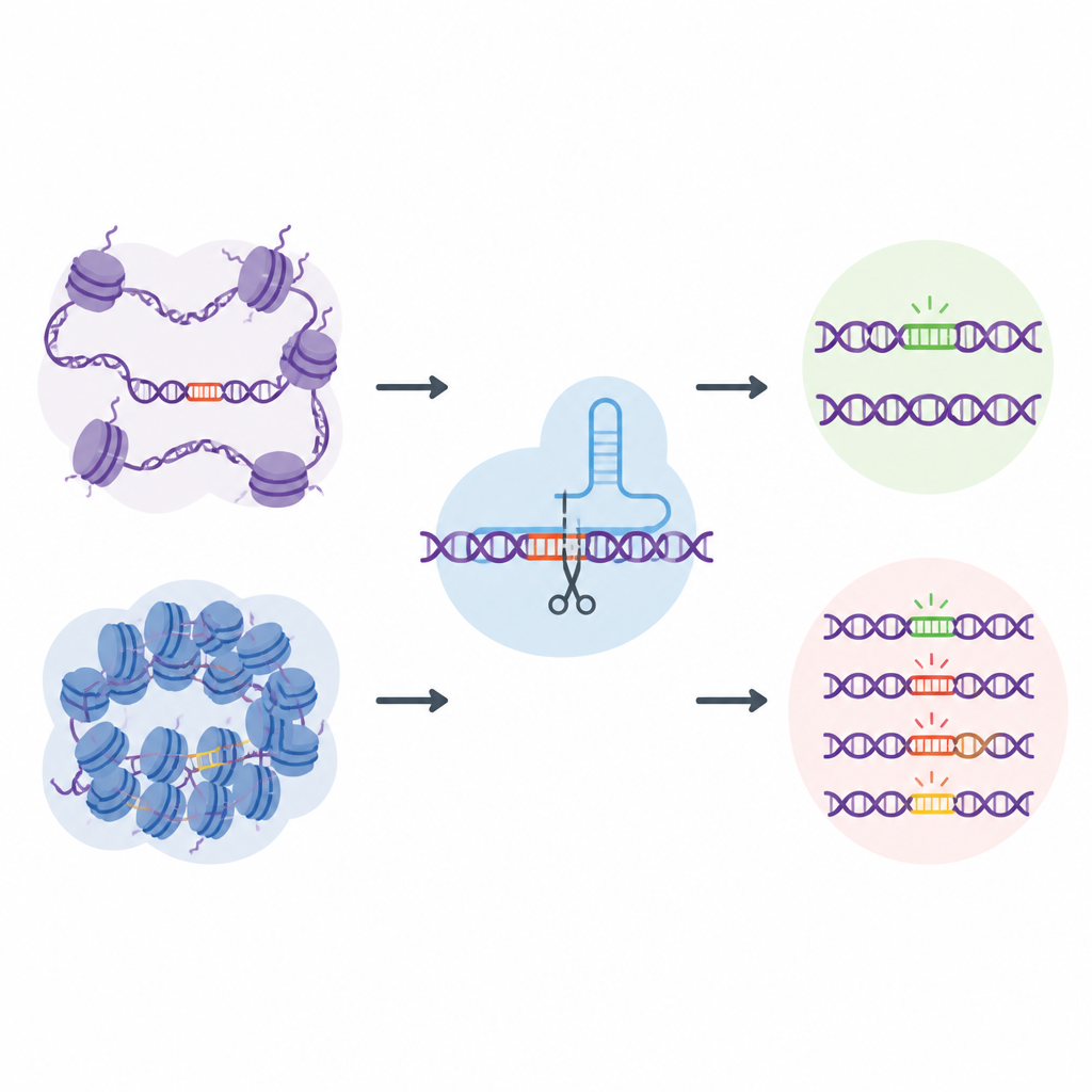 Figure 1. Hoe de verpakking van DNA in cellen bepaalt waar CRISPR zowel bedoelde als onbedoelde genoombewerkingen uitvoert