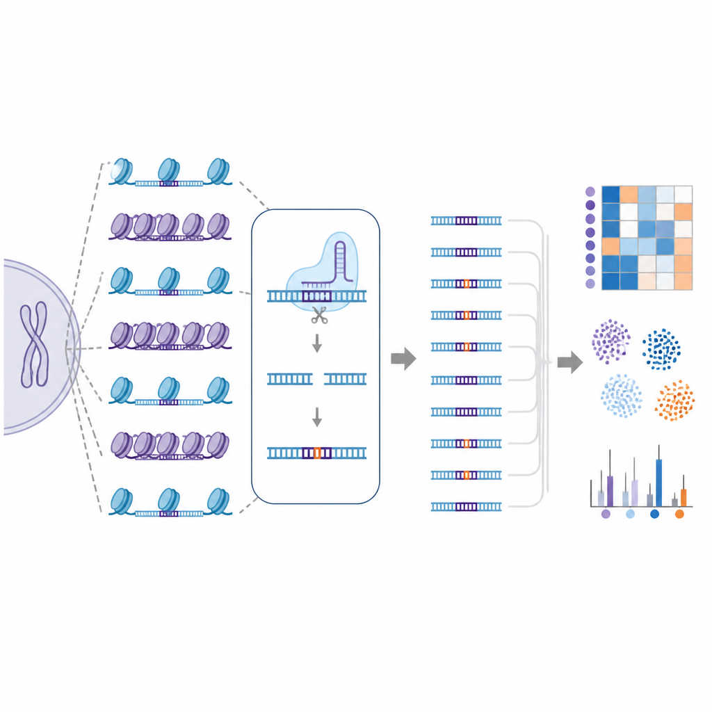 Figure 2. Hoe EGOLD CRISPR-bewerkingen volgt over vele vergelijkbare DNA-locaties om off-target veranderingen te koppelen aan lokale DNA-verpakking