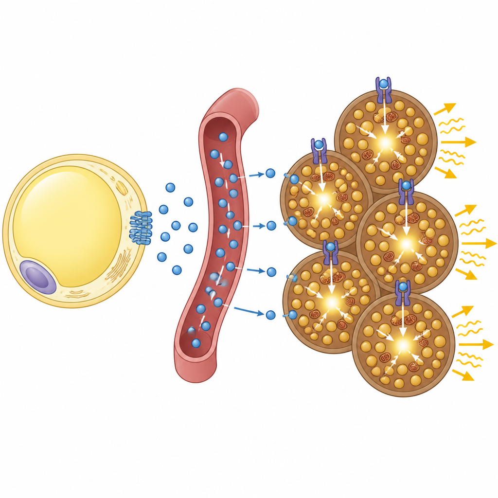 Figure 2. Un segnale proveniente dal grasso bianco si lega ai recettori del grasso bruno per potenziare la combustione dei combustibili e trasformare le cellule del grasso bianco in grasso beige produttore di calore.