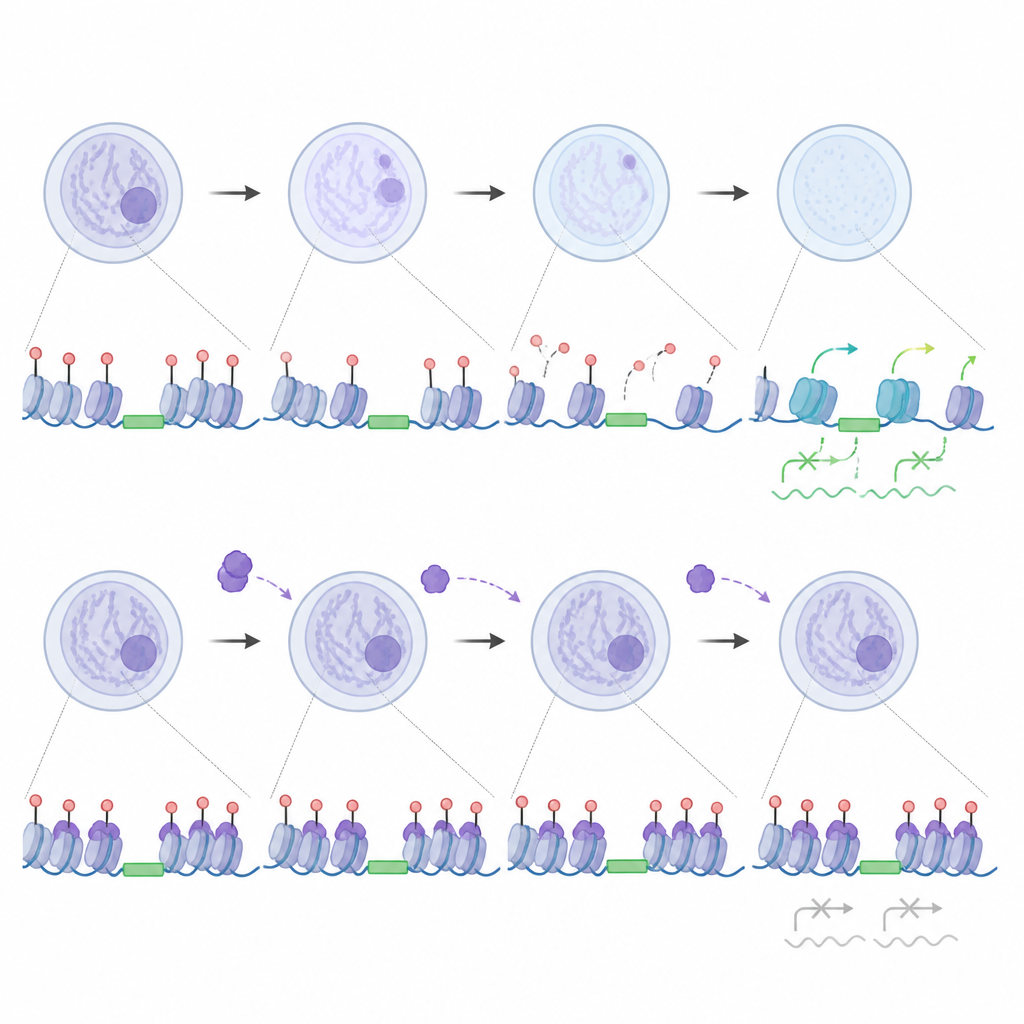 Figure 2. Wie DNA‑Methylmarken und UHRF1‑Bindung festlegen, ob wiederholte DNA verschlossen bleibt oder sich öffnet, um frühe embryonale Gene auszulösen.