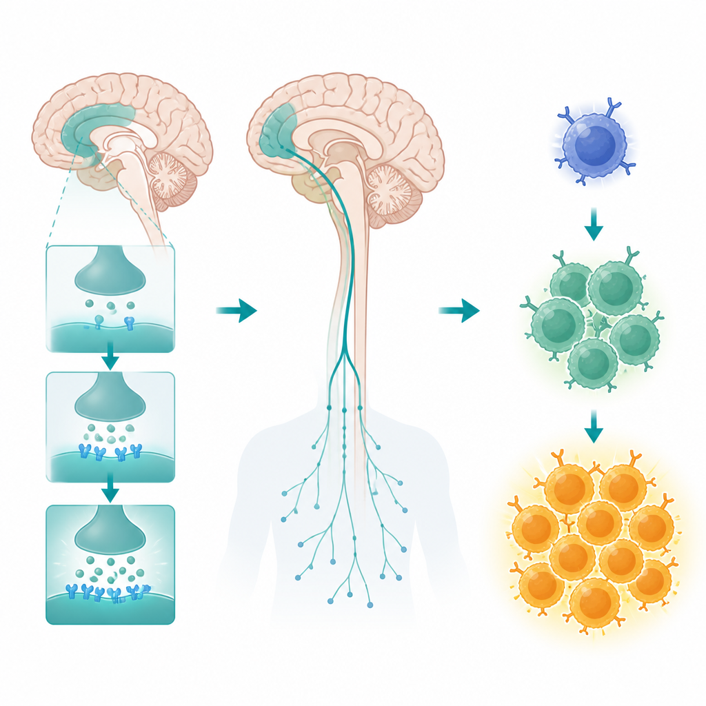 Figure 2. Come connessioni più forti nella corteccia prefrontale inviano segnali che favoriscono la proliferazione dei linfociti T dopo un vaccino.