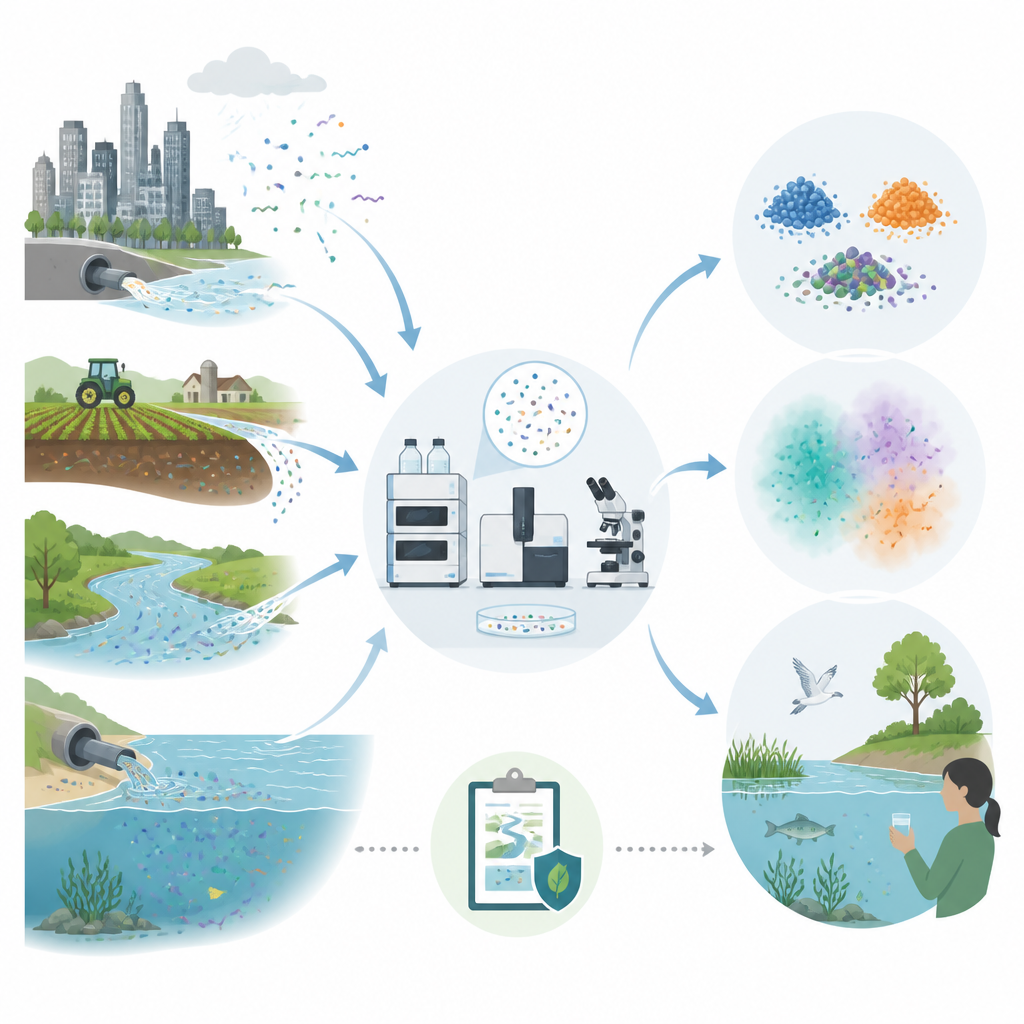 Figure 1. Come piccolissime particelle di plastica e polimeri disciolti si spostano nell’aria, nell’acqua e nel suolo fino ai laboratori per misurazioni accurate.