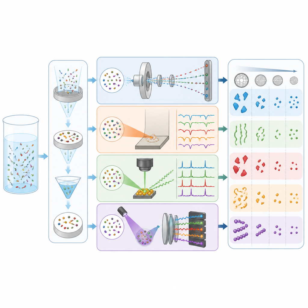 Figure 2. Come diversi strumenti di laboratorio lavorano insieme, passo dopo passo, per separare, rilevare e classificare minuscole particelle plastiche e polimeri.