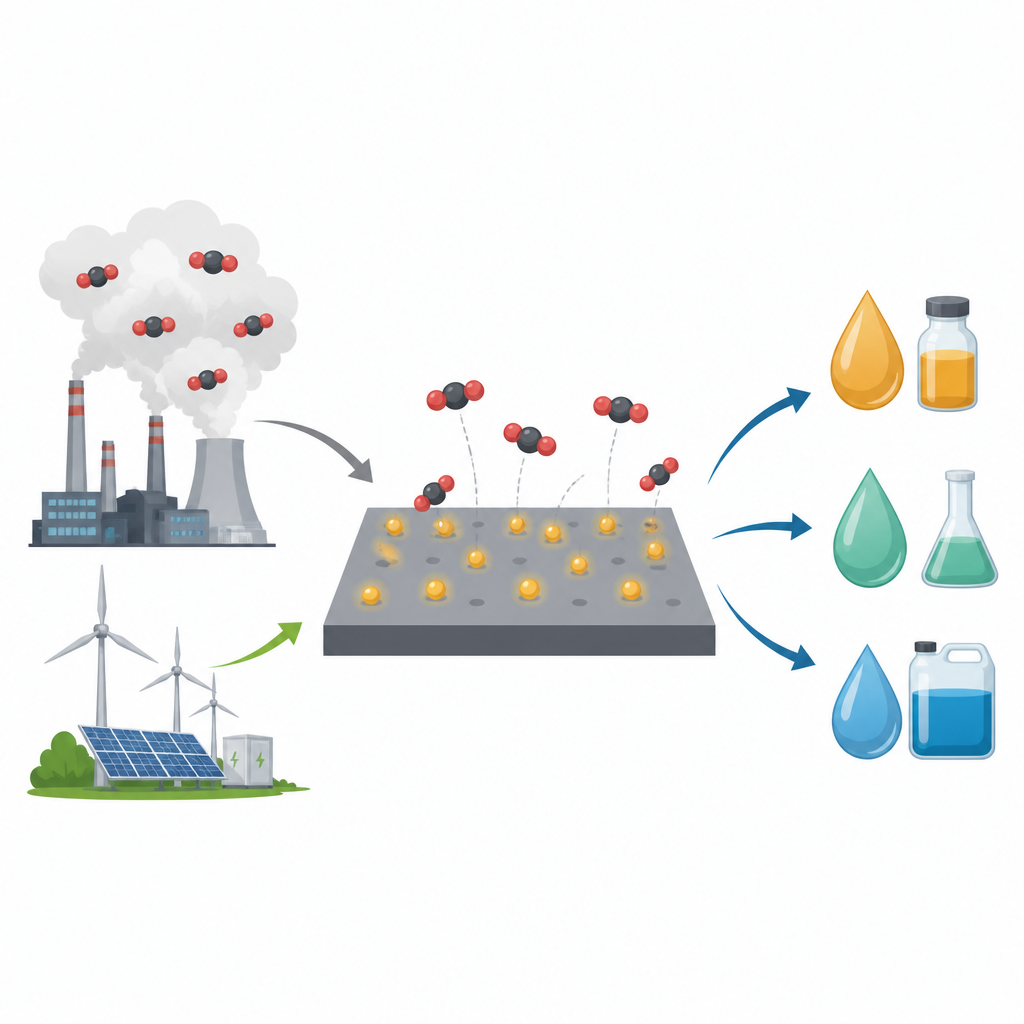 Figure 1. Trasformare CO2 di scarto ed elettricità verde in combustibili utili usando atomi metallici singoli su una superficie.