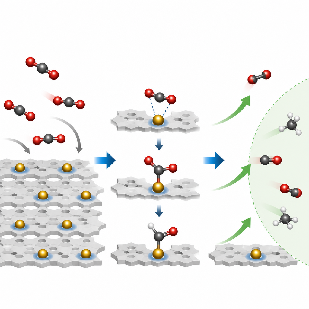 Figure 2. Visione passo dopo passo delle molecole di CO2 che si legano ad atomi metallici singoli e vengono rilasciate come prodotti combustibili più puliti.