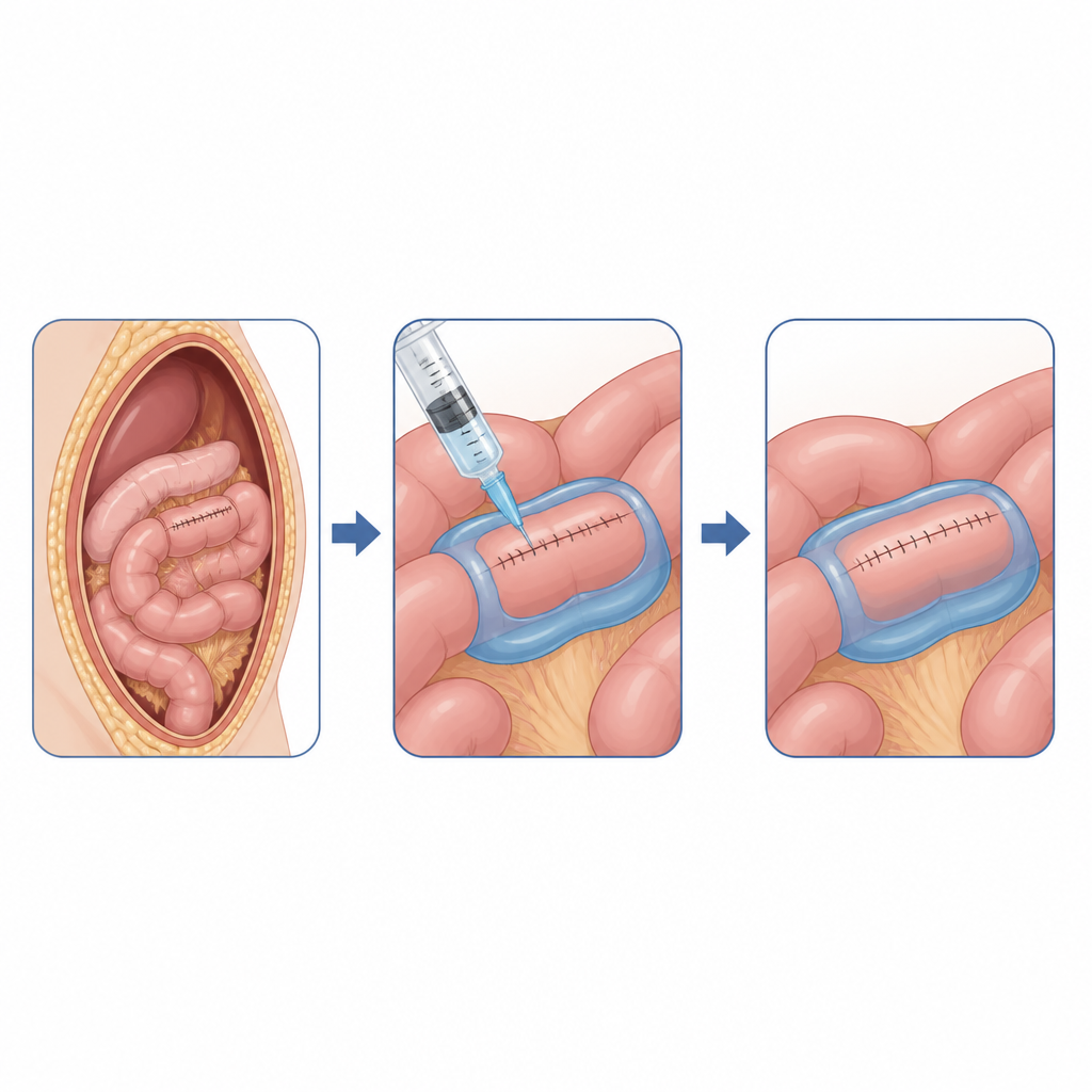 Figure 1. Spritzenbares weiches Gel, das um genähte Darmabschnitte appliziert wird, um die Verbindung zu stützen und Leckagen zu verhindern.