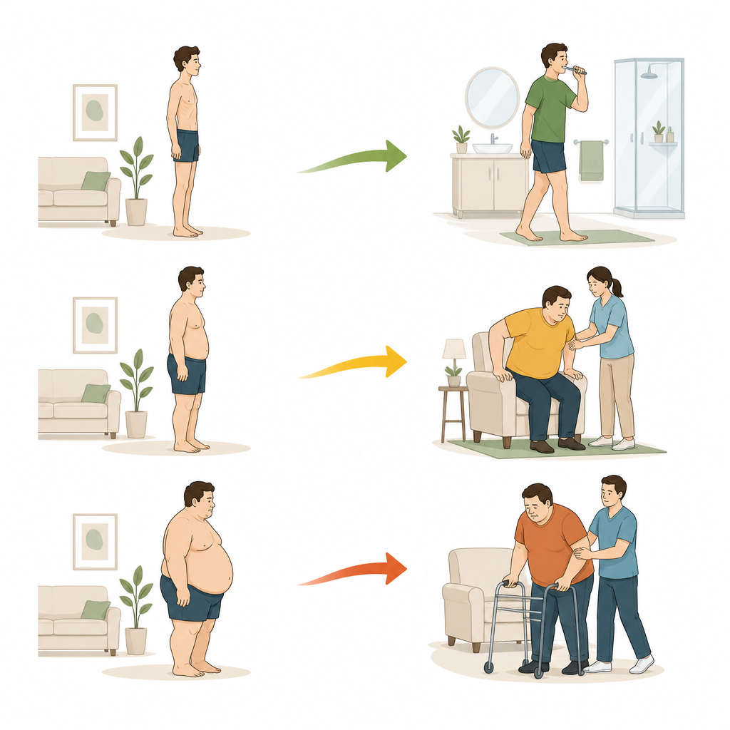 Figure 1. Verschiedene Körpergrößen verändern, wie leicht Erwachsene alltägliche Selbstversorgung und Bewegung bewältigen können.